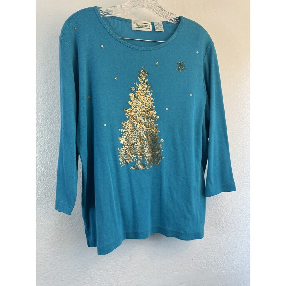 Vintage Shenanigans Gold Christmas Tree Sequin Beaded Shirt Medium